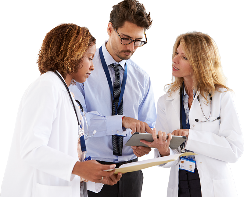 Doctors looking at a clipboard